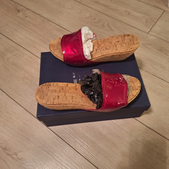 Stuart Weitzman cognac/red patent leather cork wedge heel sandals Size 8 - Picture 6 of 6